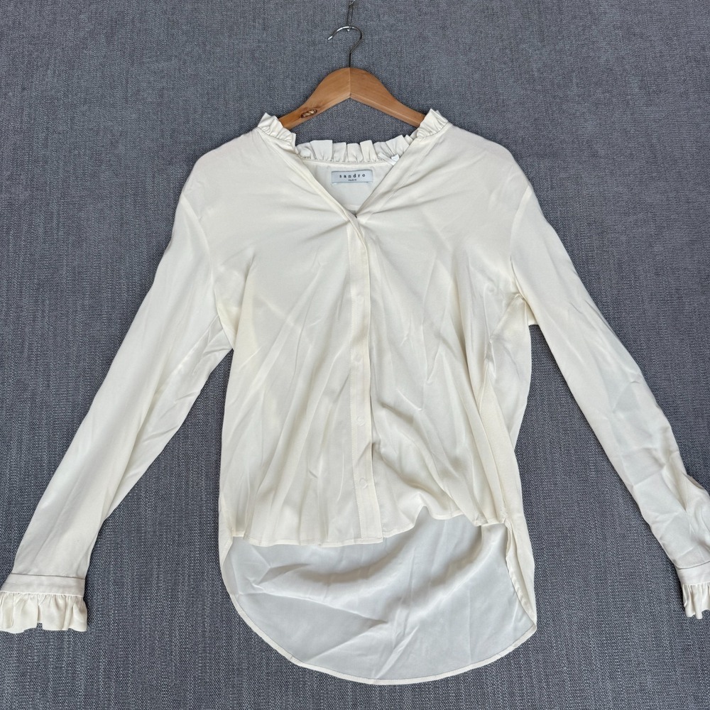 Sandro Paris Shirt Top Women 3 Cream Silk Ruffle Collar Long Sleeve Button Front